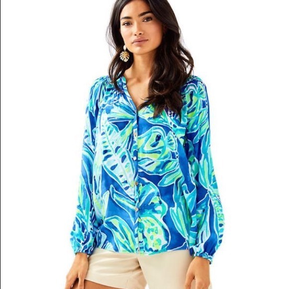 SMALL Lilly Pulitzer Blue Beckon Palm Passage Tropical Elsa Button Down Top XXS - Picture 4 of 13